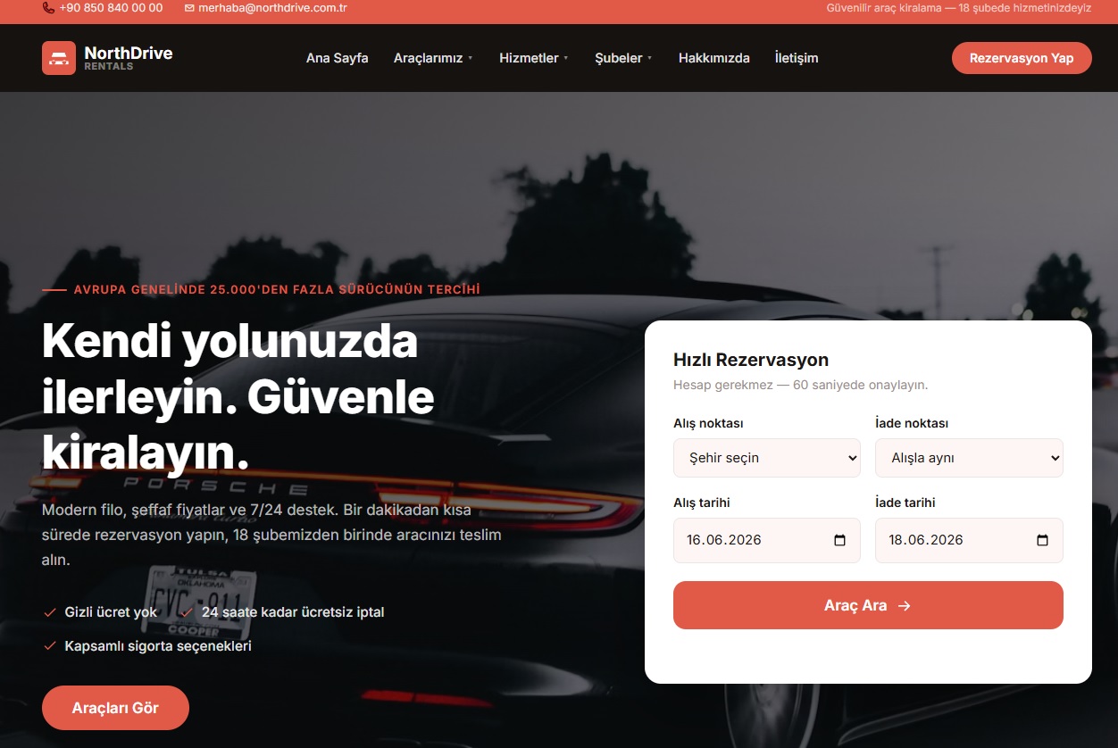 binaraba ile hazırlanmış araç kiralama web sitesi