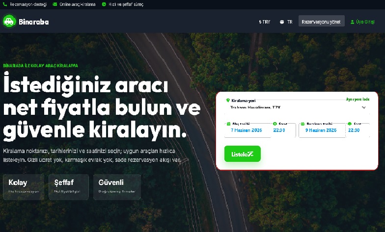 binaraba ile hazırlanmış araç kiralama web sitesi