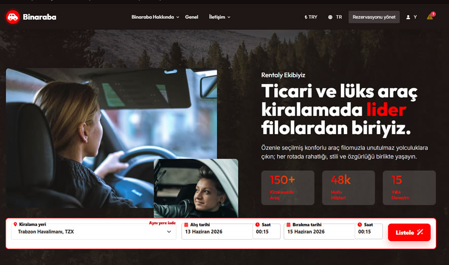 binaraba ile hazırlanmış araç kiralama web sitesi